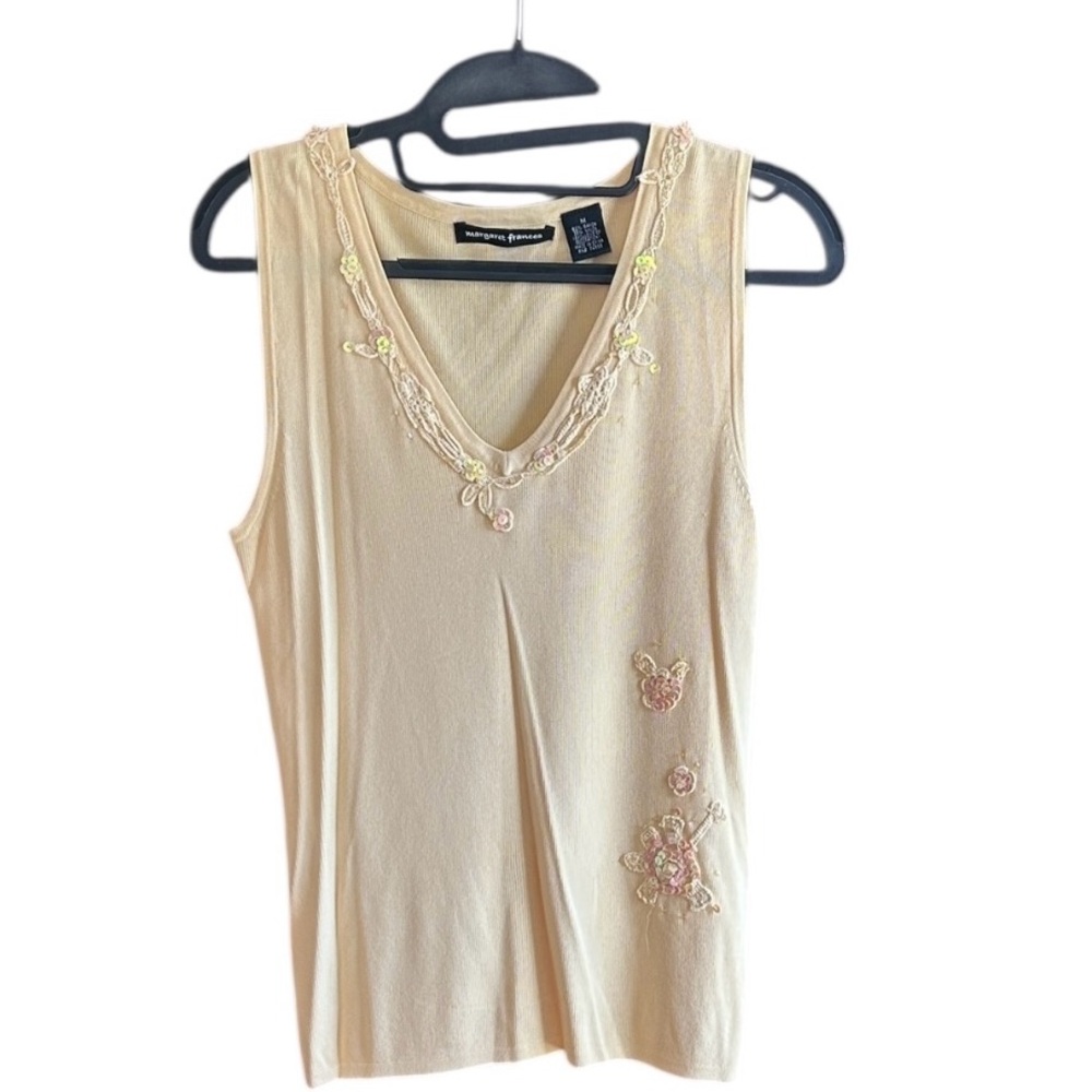 Margaret Frances pale yellow embroidery sequins top linen blend pants  M